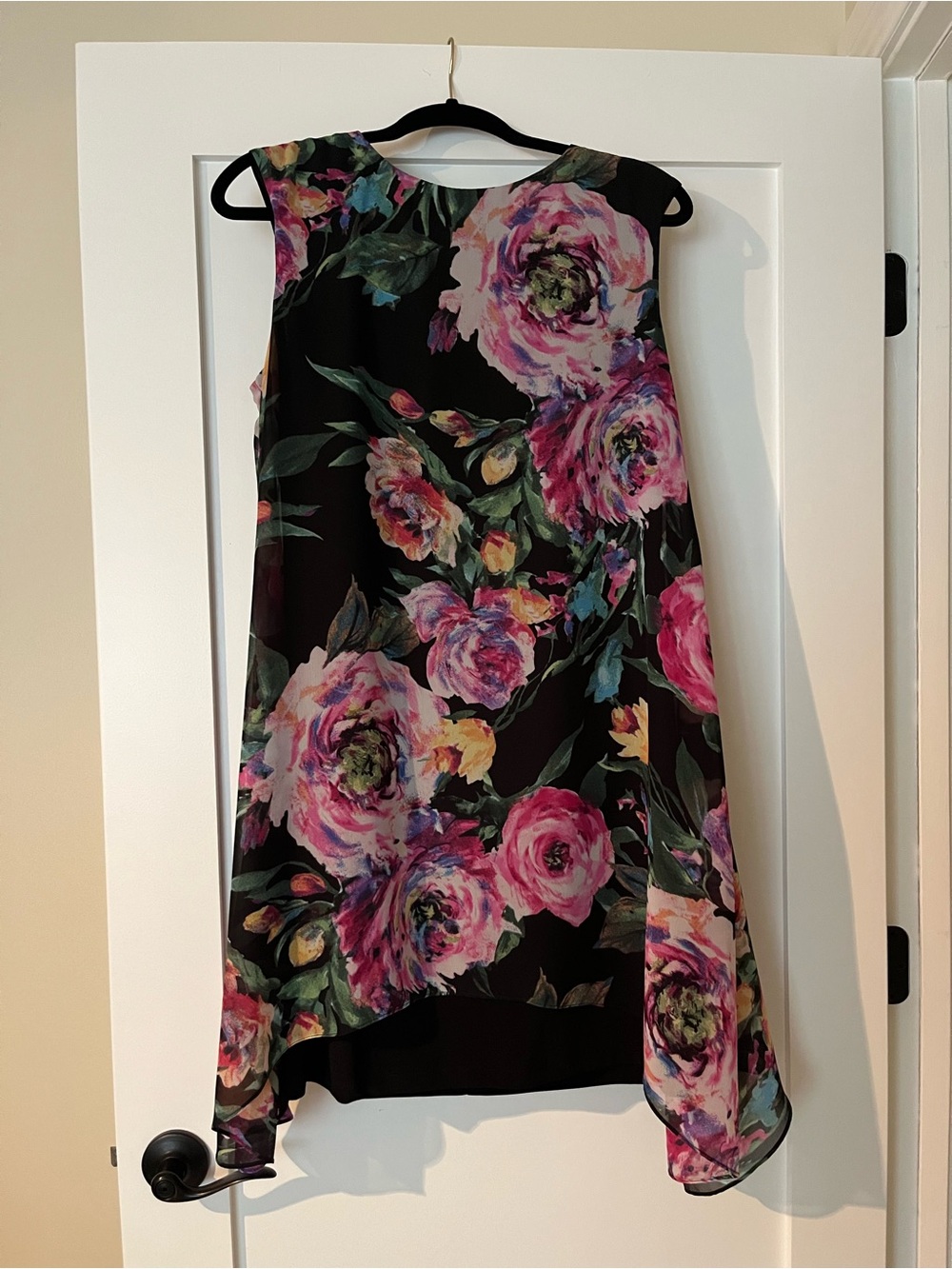 SLNY Black dress with Pink Floral Print drape